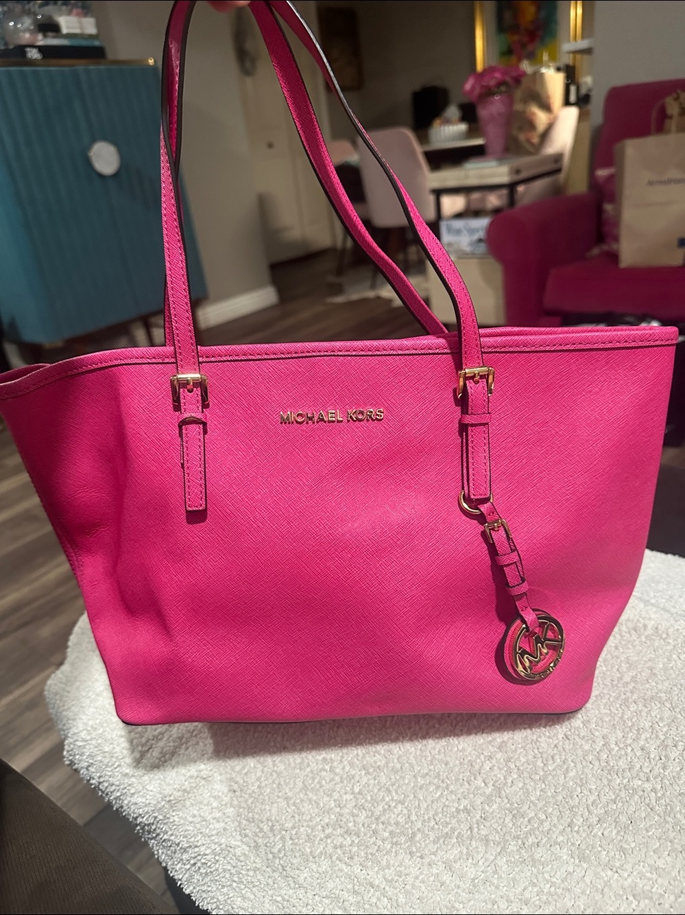 Michael Kors Hot Pink Saffiano Leather Tote with Gold Hardware